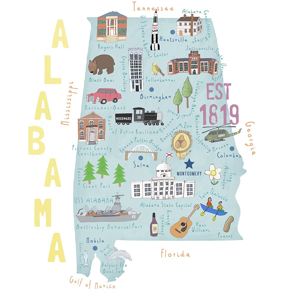 Beautiful Southern State of Alabama by Illustrator Carla Daly art print by Carla Daly for $57.95 CAD