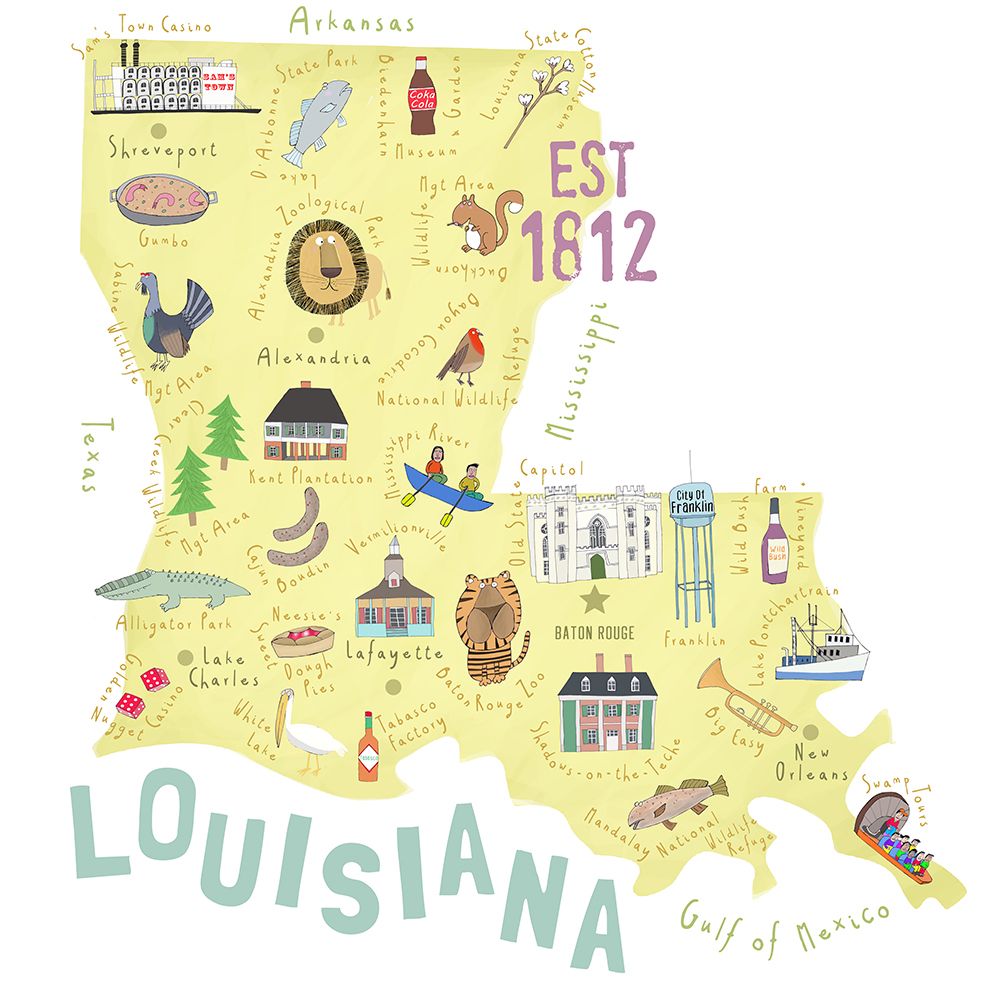 Beautifully Illustrated Map of Louisiana by Artist Carla Daly art print by Carla Daly for $57.95 CAD