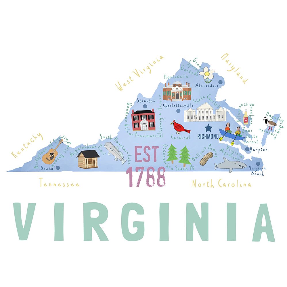 Virgina State Illustrated Map by Artist Carla Daly art print by Carla Daly for $57.95 CAD