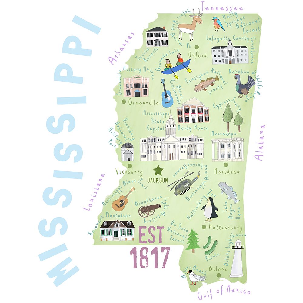 Illustrated Map of the State of Mississippi by Carla Daly art print by Carla Daly for $57.95 CAD