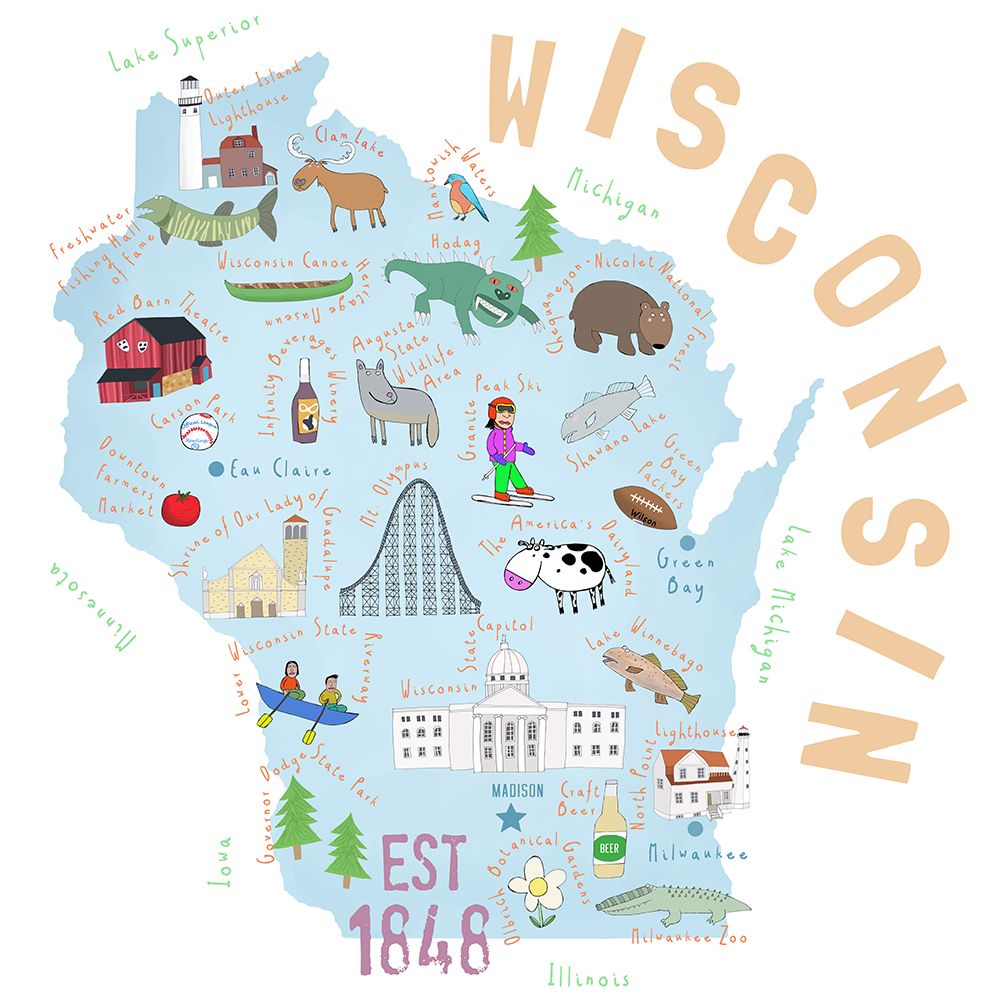 Wisconsin State Illustrated by Map Artist Carla Daly art print by Carla Daly for $57.95 CAD