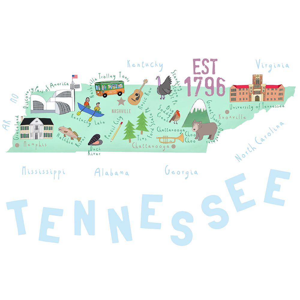 Tennessee Map Illustrated by Map Artist Carla Daly art print by Carla Daly for $57.95 CAD