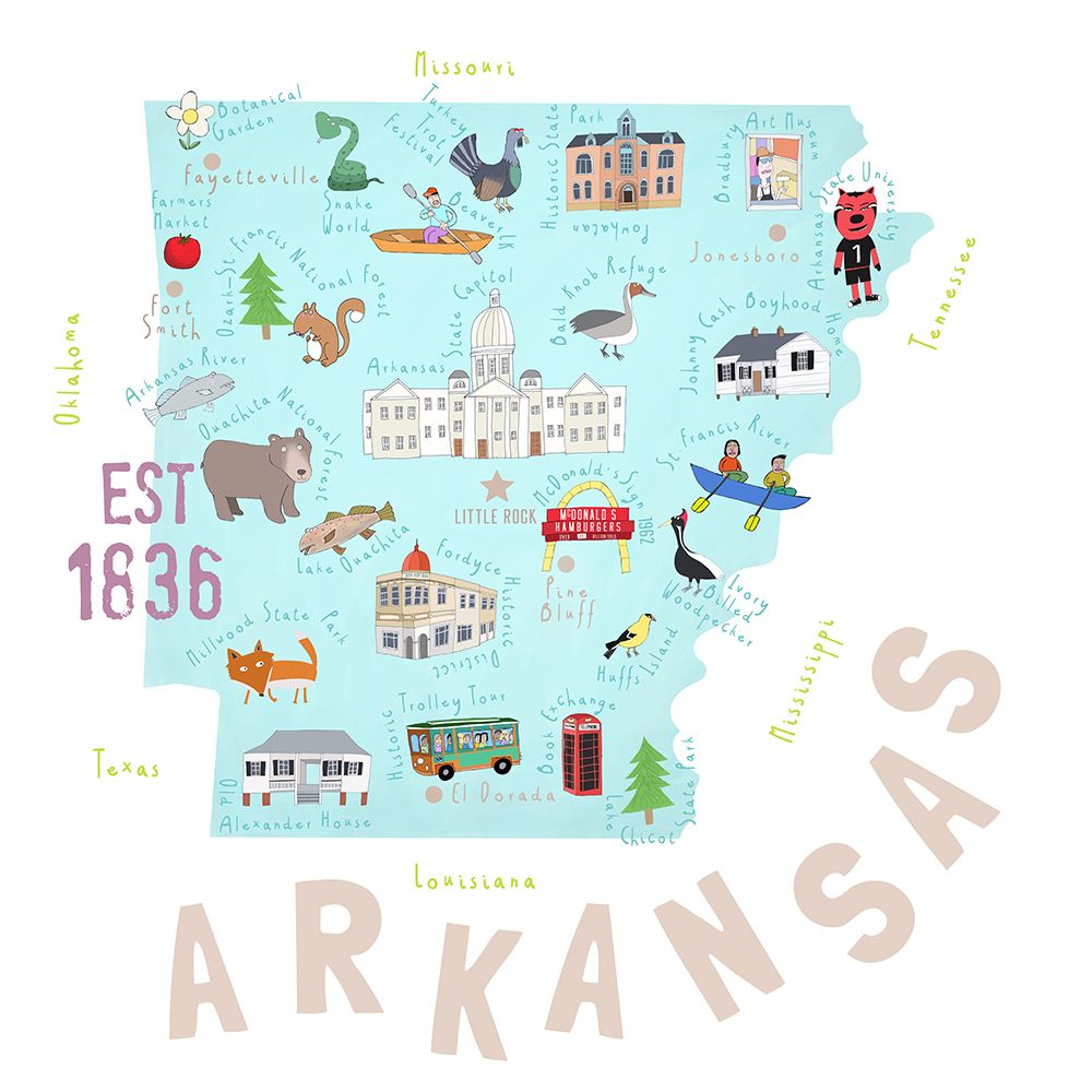 Map of Arkansas illustrated by Artist Carla Daly art print by Carla Daly for $57.95 CAD