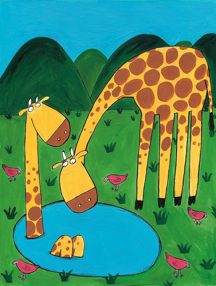 Mommy with Baby Giraffe in a Watering Hole by Artist Carla Daly art print by Carla Daly for $57.95 CAD