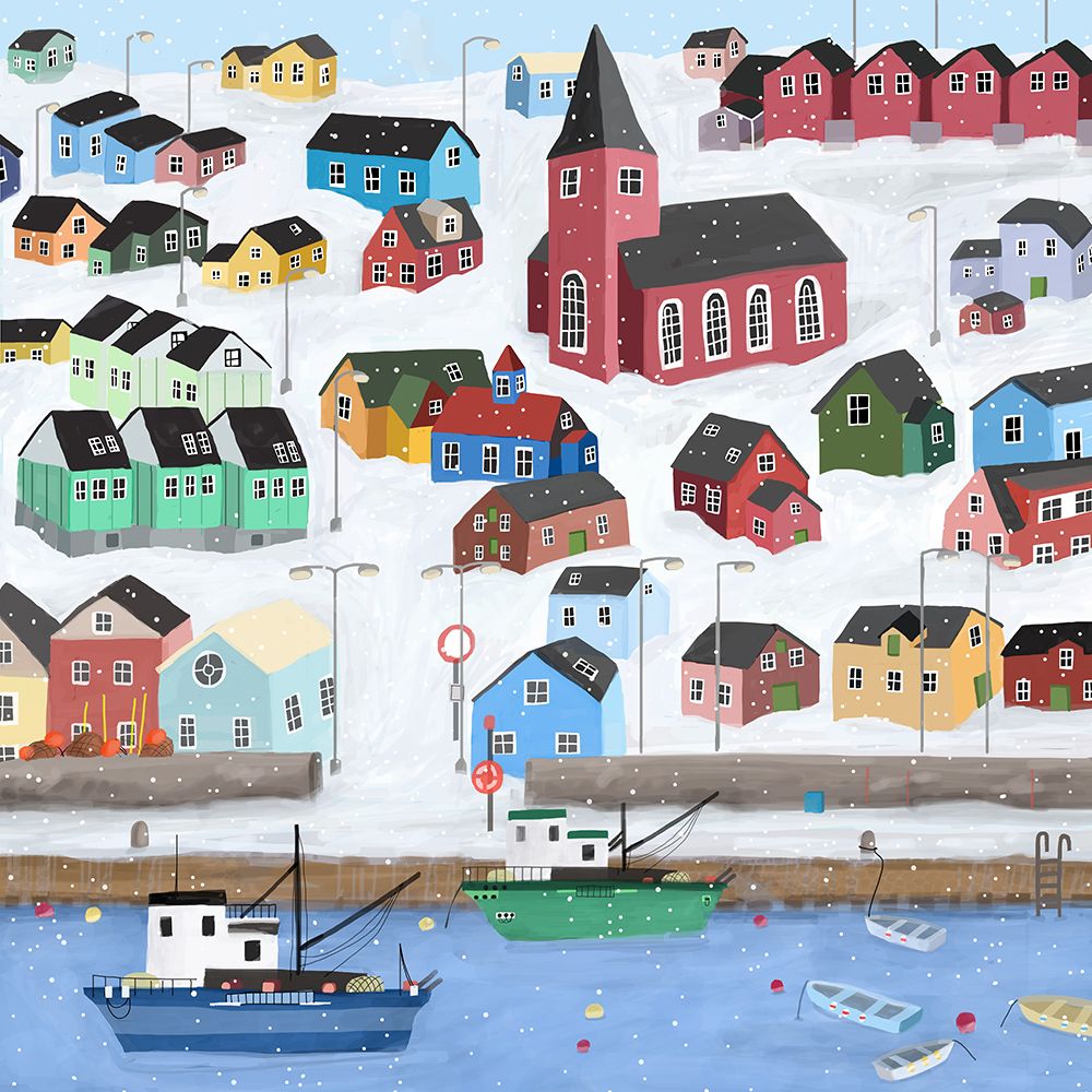 Snowy Town with fishing Boats by Artist Carla Daly art print by Carla Daly for $57.95 CAD