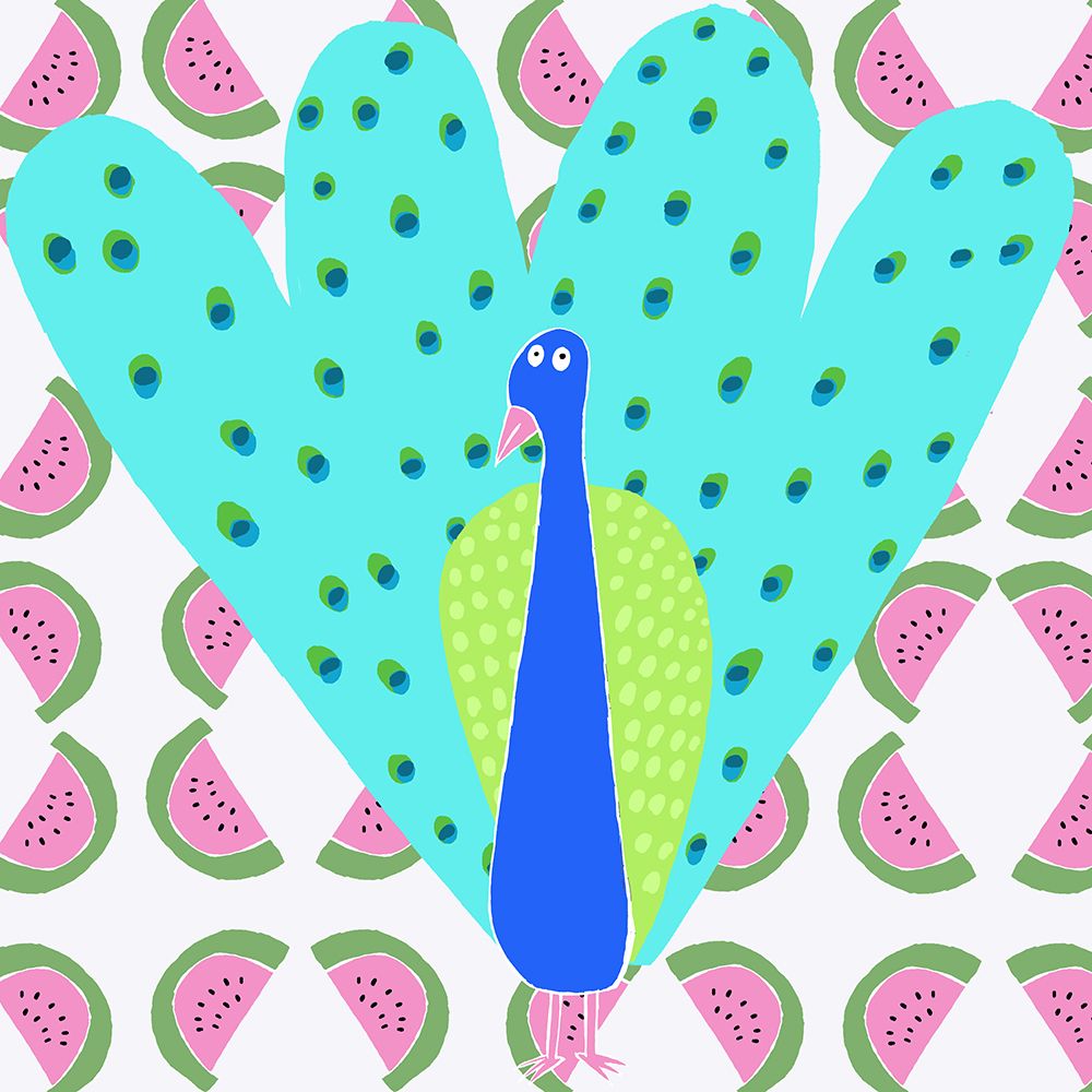 Electric Peacock with Watermelon Pattern by Artist Carla Daly art print by Carla Daly for $57.95 CAD