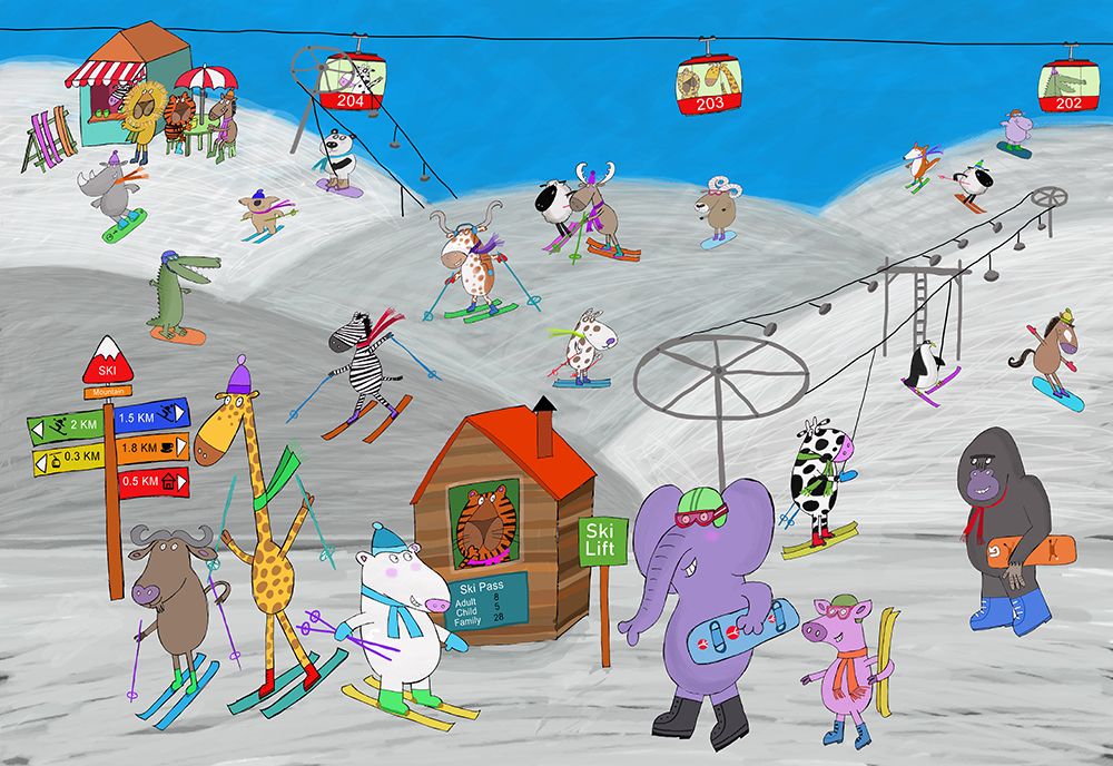 Funny Animals Enjoying the Ski Slopes by Illustrator Carla Daly art print by Carla Daly for $57.95 CAD