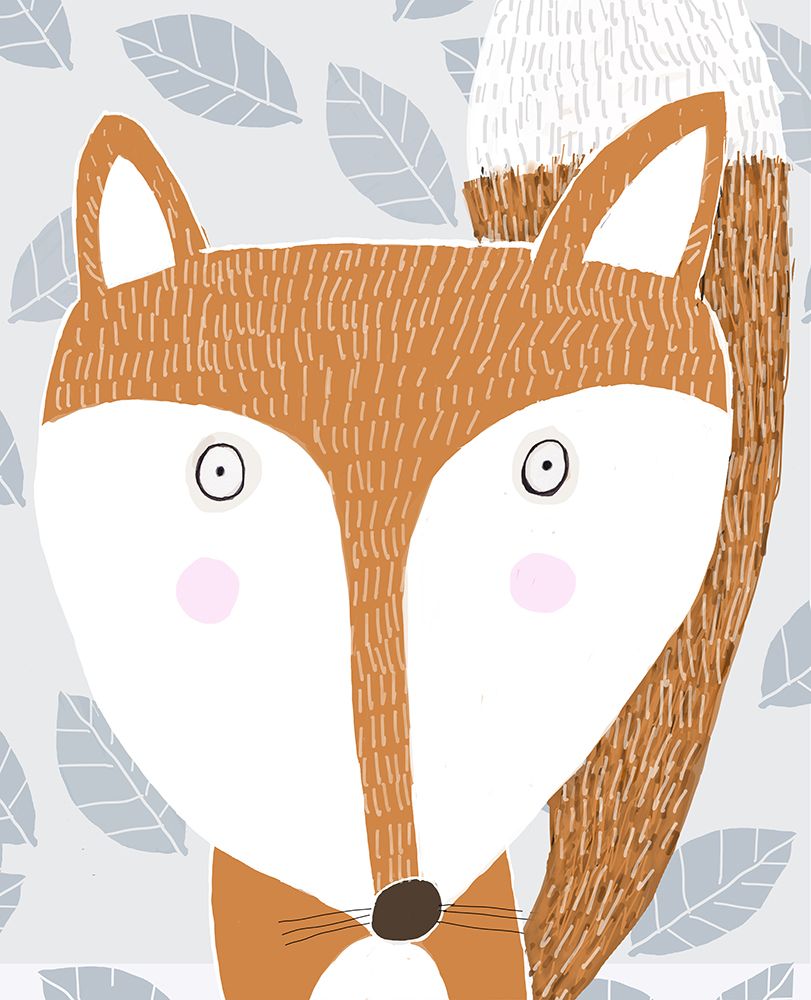 Cute Red Fox with Grey Leaf Pattern by Artist Carla Daly art print by Carla Daly for $57.95 CAD