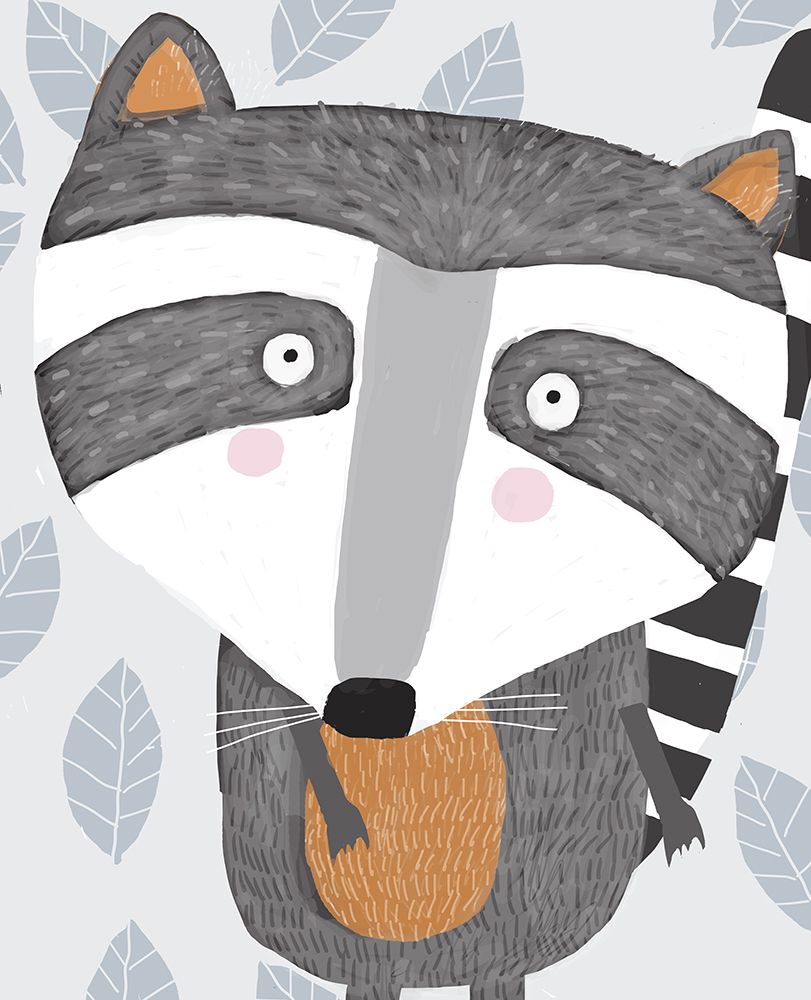 Cute Raccoon with Grey Leaf Pattern by Artist Carla Daly art print by Carla Daly for $57.95 CAD