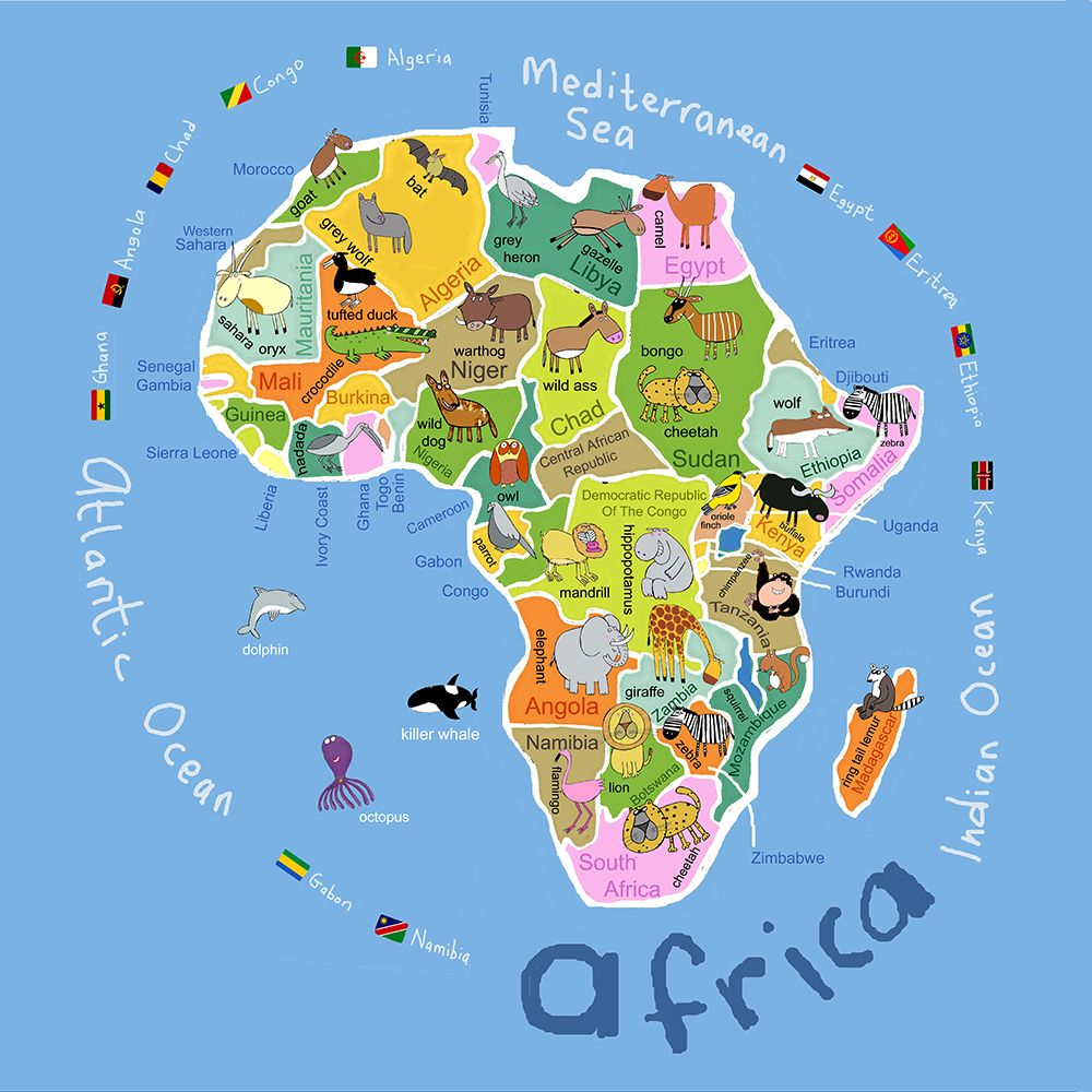 Illustrated Map of Africa with Countries and Cute Animals by Carla Daly art print by Carla Daly for $57.95 CAD