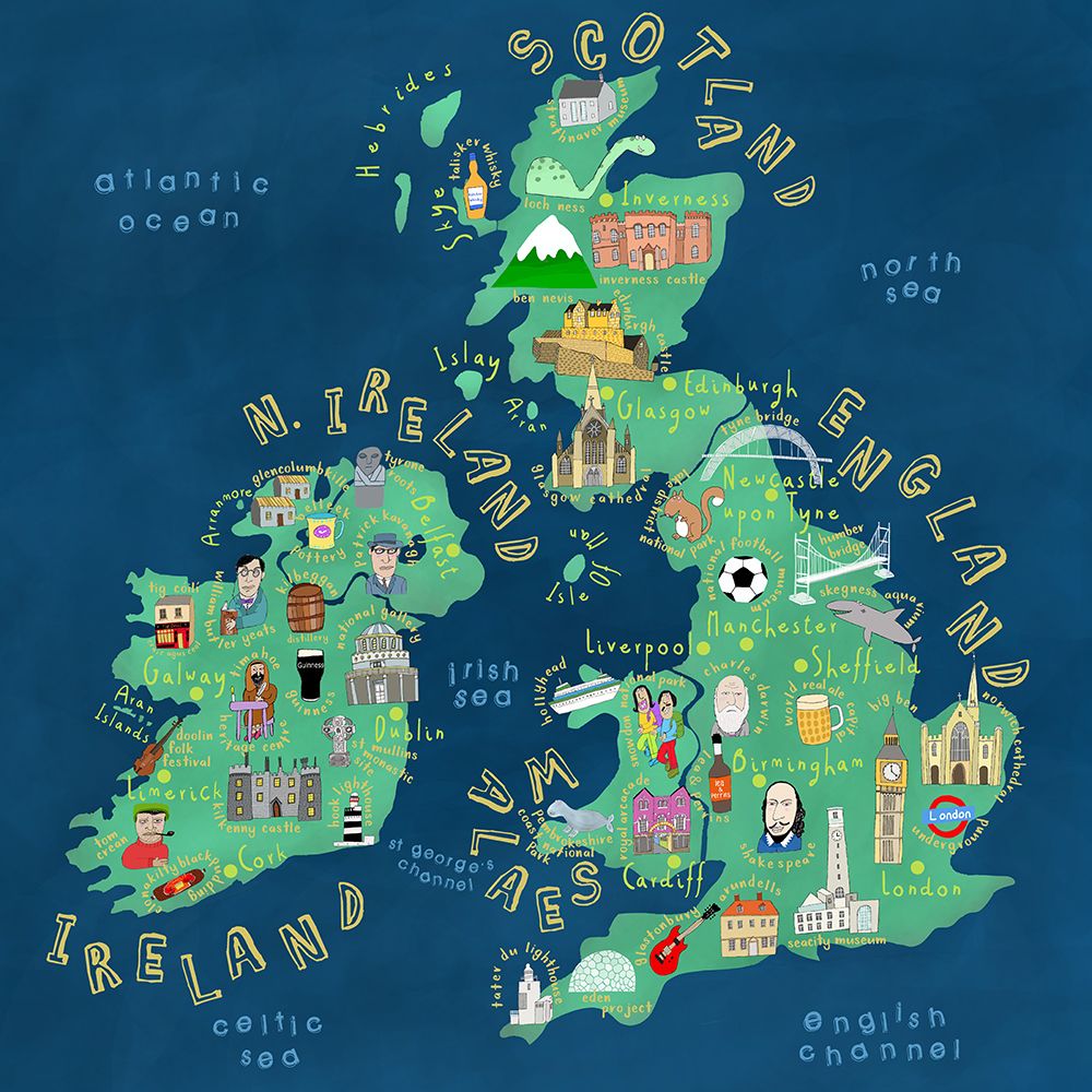 Map of UK and Ireland with Country Icons by Artist Carla Daly art print by Carla Daly for $57.95 CAD