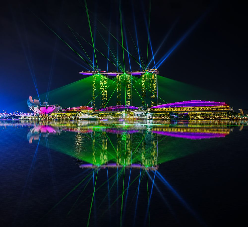 Singapore Marina Bay Sands Hotel Laser Light Show qWONDERFULq art print by Zexsen Xie for $57.95 CAD