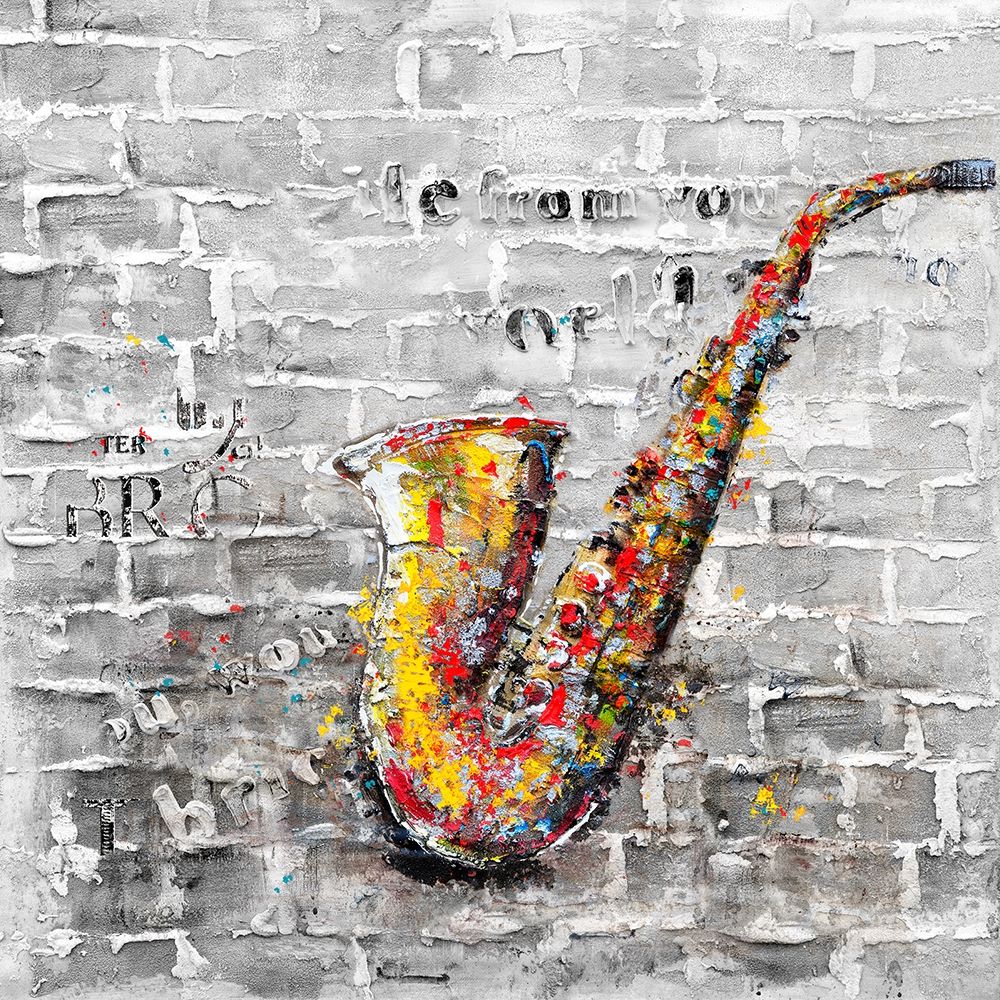 Graffiti of a saxophone on brick wall art print by Atelier B Art Studio for $57.95 CAD