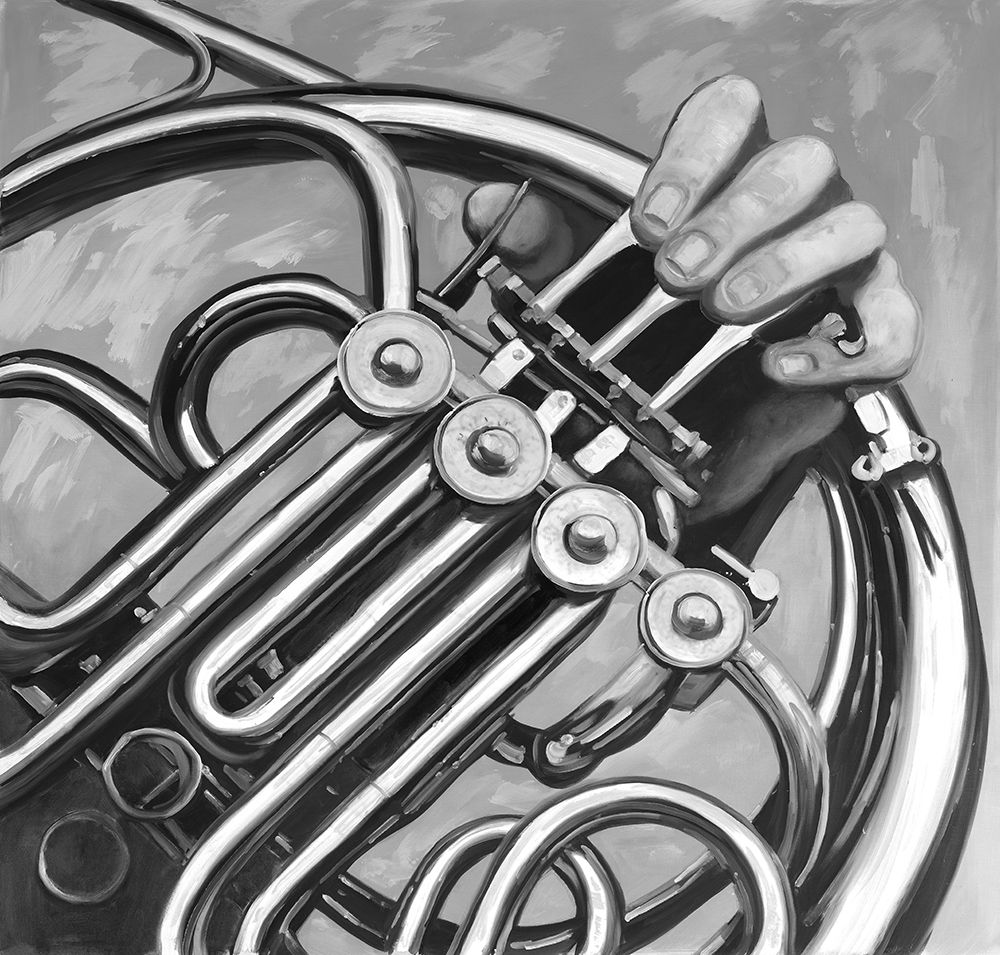 Musician with frech horn monochrome art print by Atelier B Art Studio for $57.95 CAD