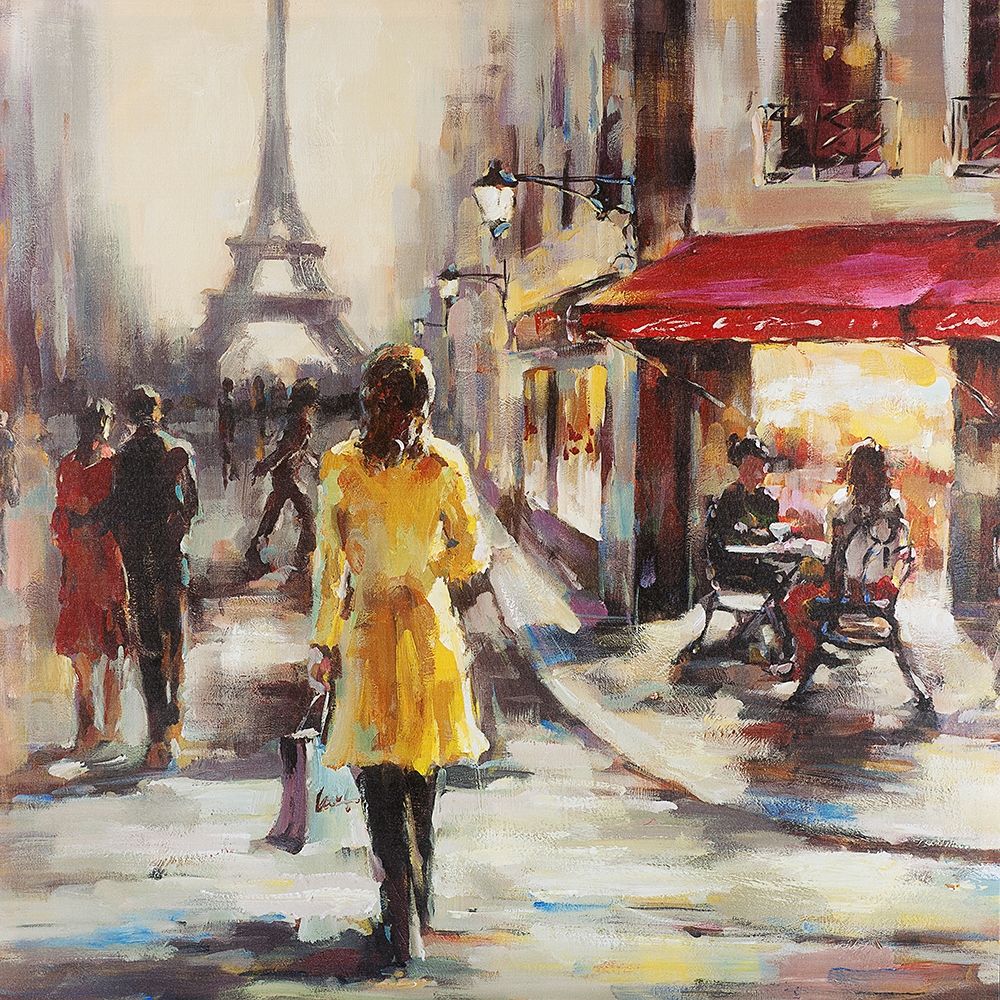 Yellow coat woman walking on the street art print by Atelier B Art Studio for $57.95 CAD