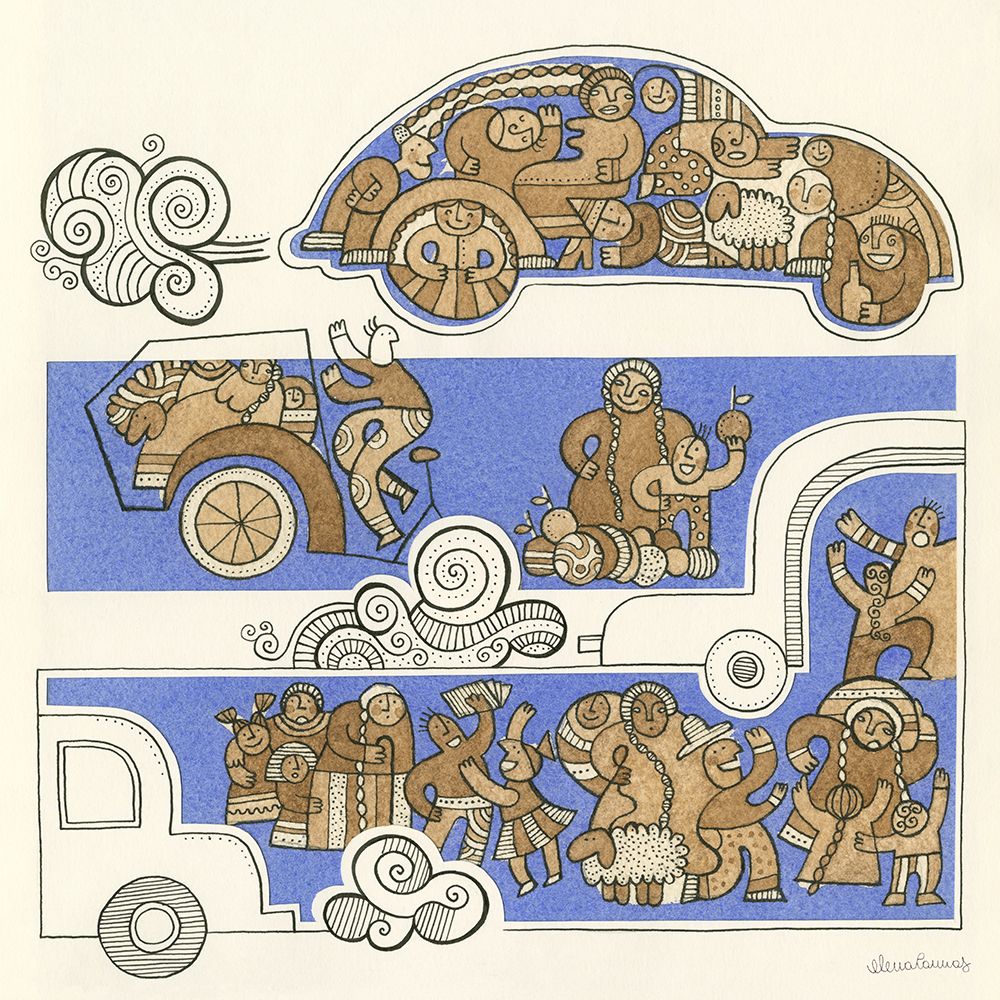 People on the Street with Cars art print by Elena Cannas for $57.95 CAD