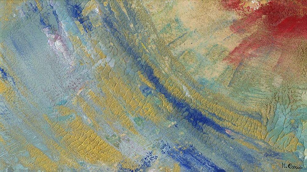 Shiny red sun on blue and golden clouds art print by Maurizia Caria for $57.95 CAD