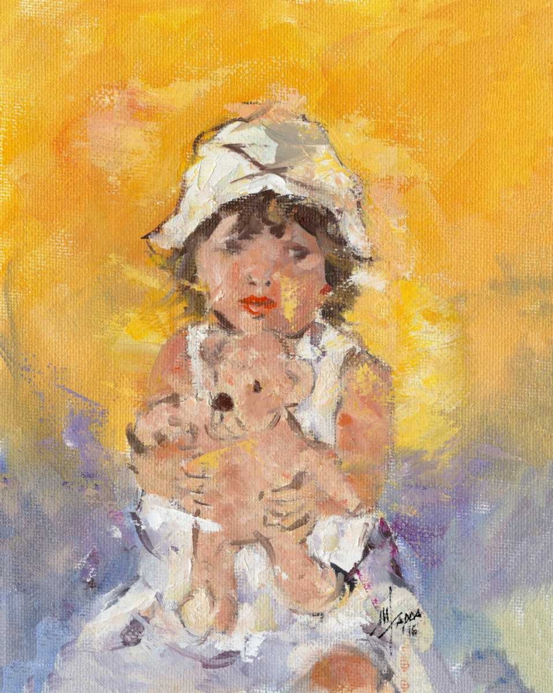 Little girl with teddy bear yellow color art print by Maria Nella Fadda for $57.95 CAD