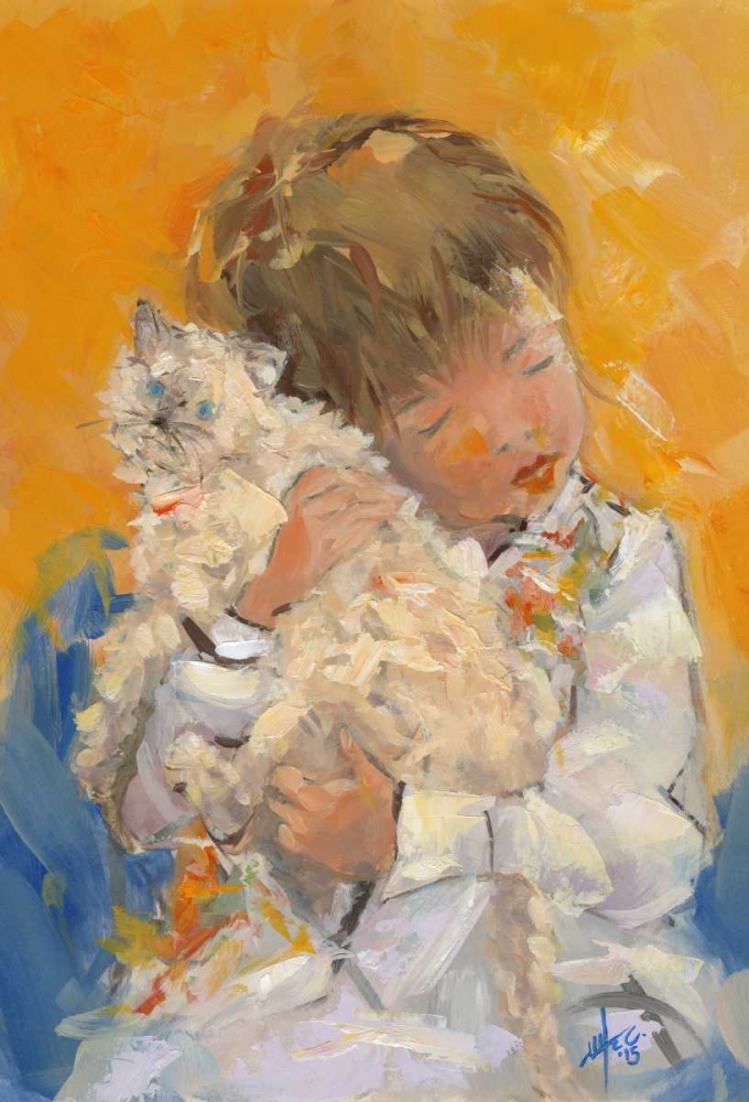 Baby love his white cat  art print by Maria Nella Fadda for $57.95 CAD
