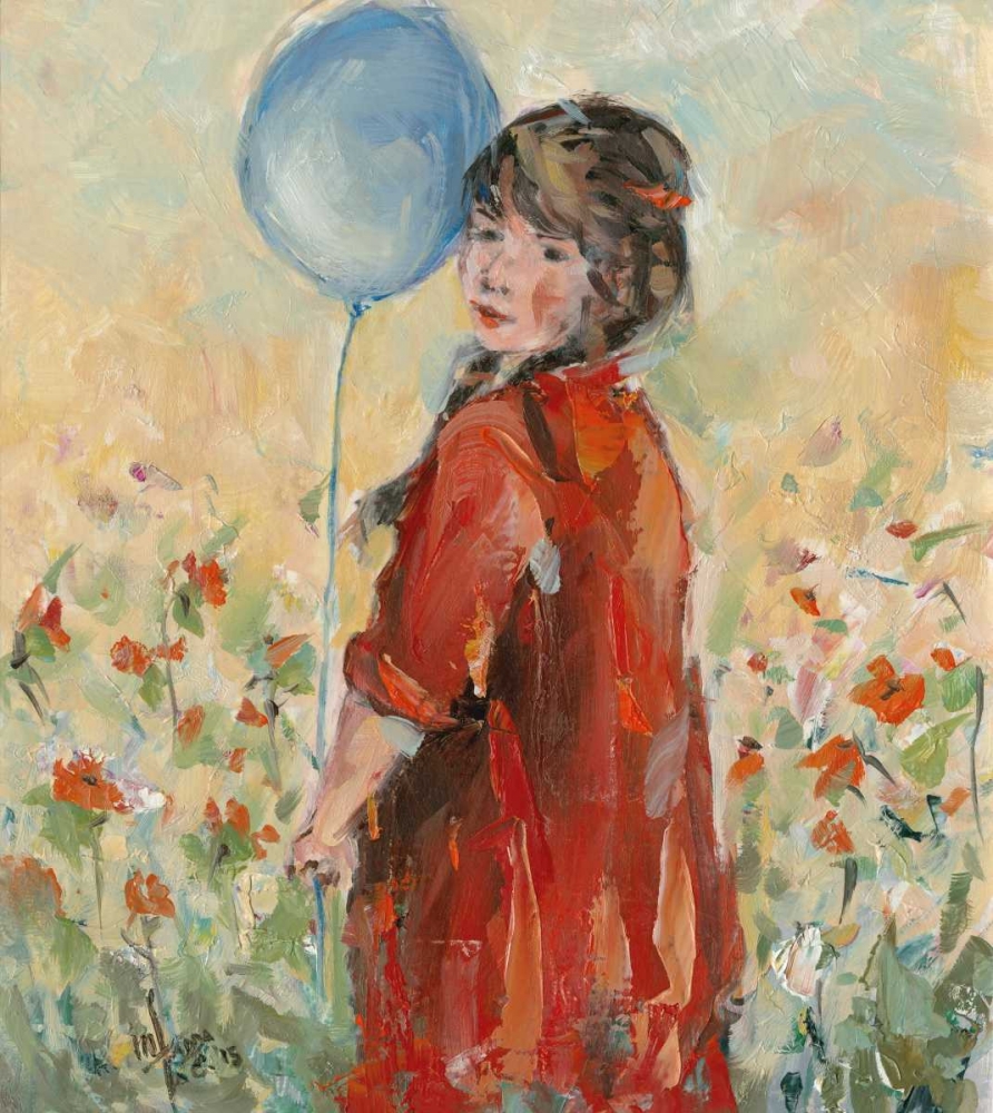 Young Girl whit balloon flowery field art print by Maria Nella Fadda for $57.95 CAD