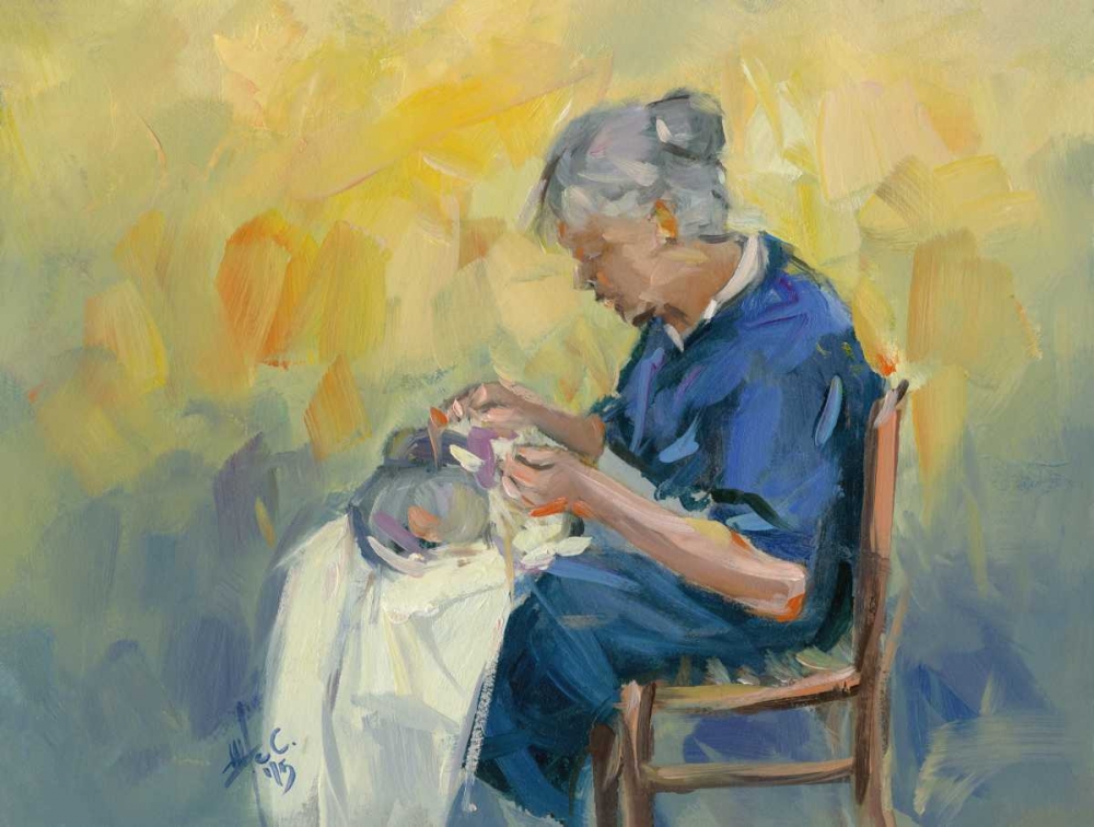 Elderly woman embroidering art print by Maria Nella Fadda for $57.95 CAD
