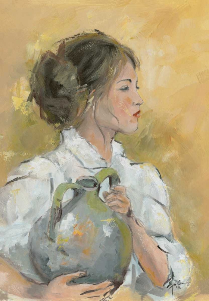 Girl carrying a jug ΓÇô yellow background art print by Maria Nella Fadda for $57.95 CAD