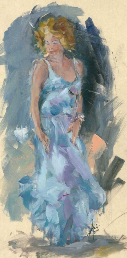 Woman with blue and purple dress art print by Maria Nella Fadda for $57.95 CAD