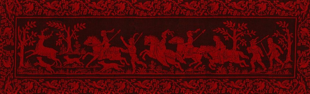 Hunting scene on Sardinian Traditional Tapestry in Black and Red art print by anonymous for $57.95 CAD