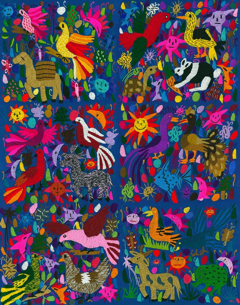 Amazing multicoloured mexican tapestry on blue background art print by anonymous for $57.95 CAD