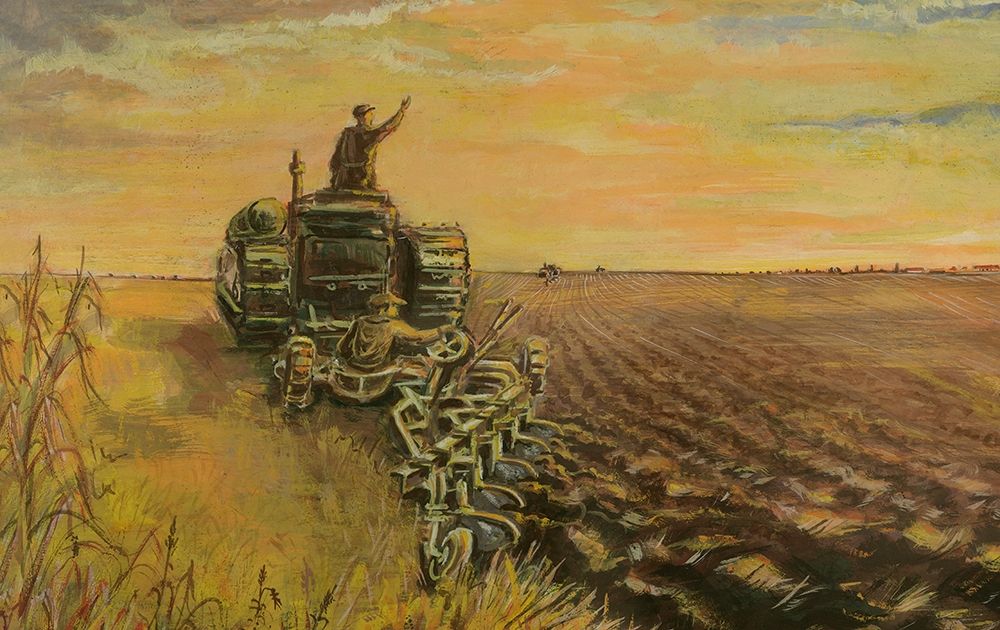Tank tractor sowing  Sunrise art print by Archivio for $57.95 CAD