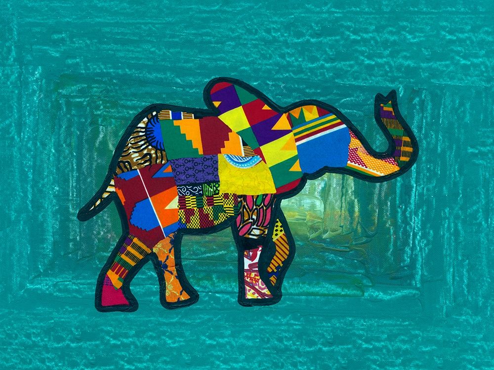 Multicoloured Elephant on Tourquoise art print by Anonymous for $57.95 CAD