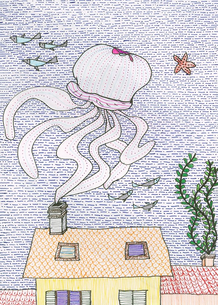 Jellyfish and fishes swimming in the sky art print by Alessia Meloni for $57.95 CAD
