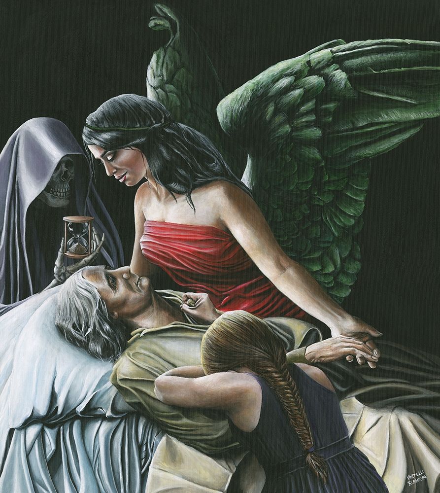 Dying old woman with death angel and a girl crying art print by Eleonora Pretelli for $57.95 CAD
