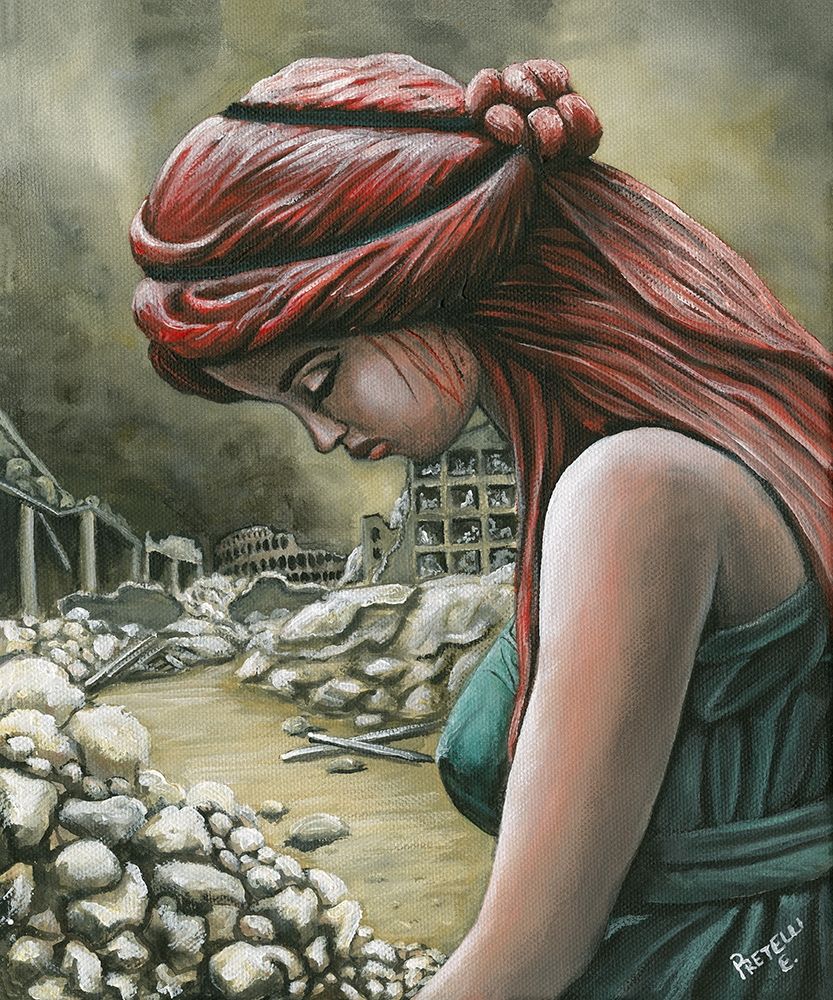 Sad red hair girl crying on rome ruins art print by Eleonora Pretelli for $57.95 CAD