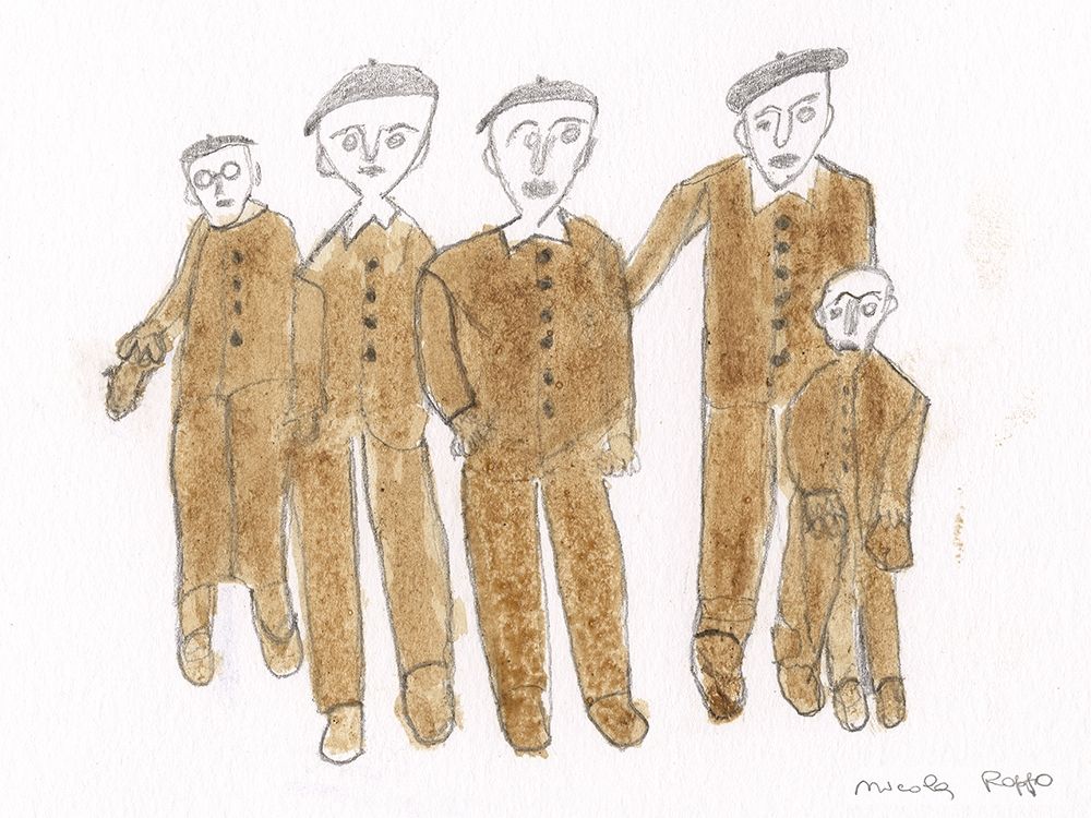 Group of five men in brown suits and hat art print by Nicola Roppo for $57.95 CAD