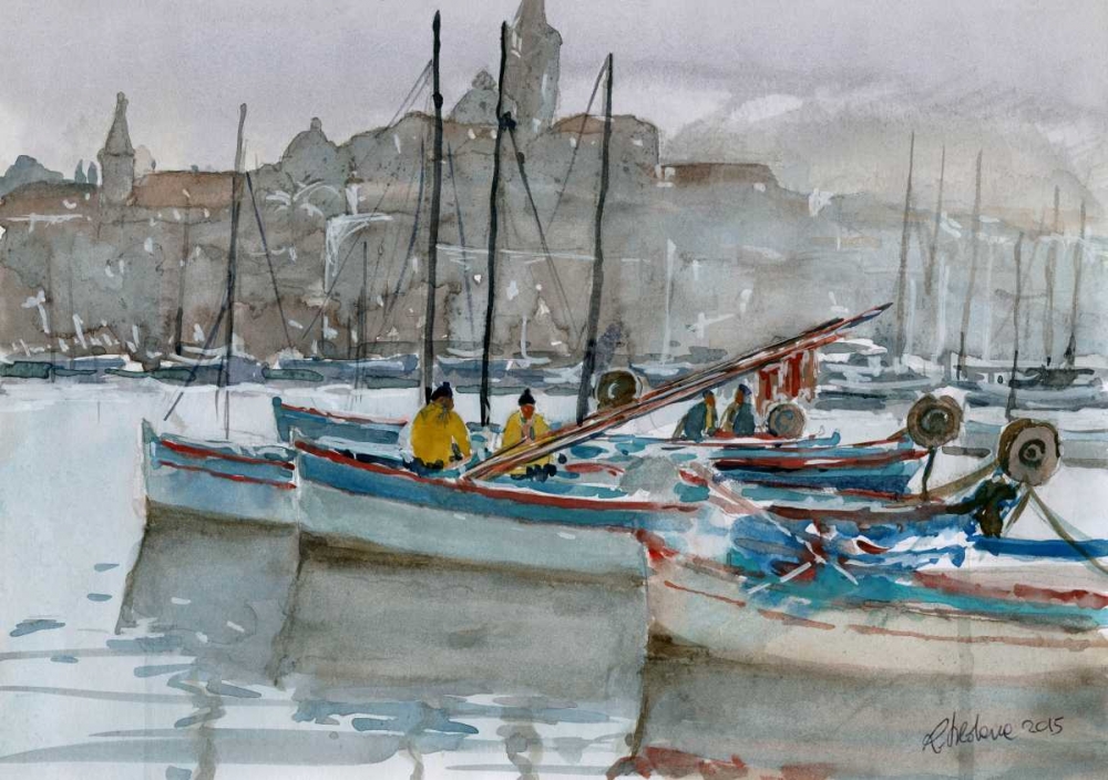 Fishermen on a boat in a cloudy day art print by Roberto Uldanc for $57.95 CAD