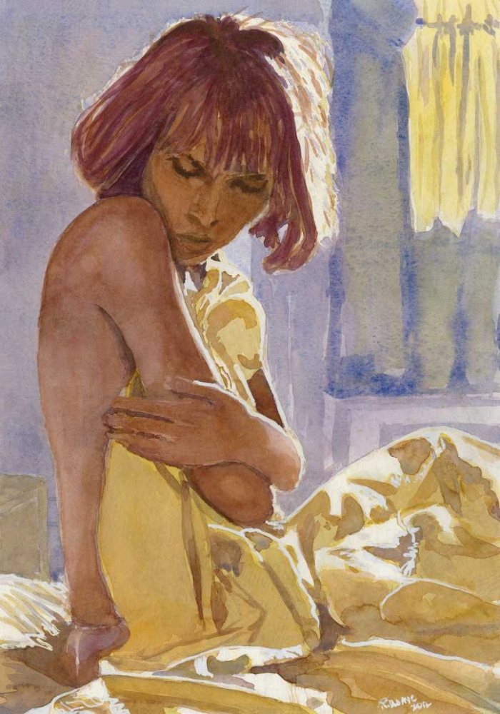 Sitting nude girl with read hair and yellow sheet art print by Roberto Uldanc for $57.95 CAD