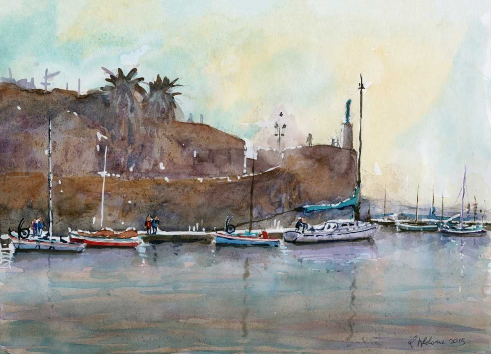 Port of an old mediterranean Seatwon with palm trees and boats art print by Roberto Uldanc for $57.95 CAD