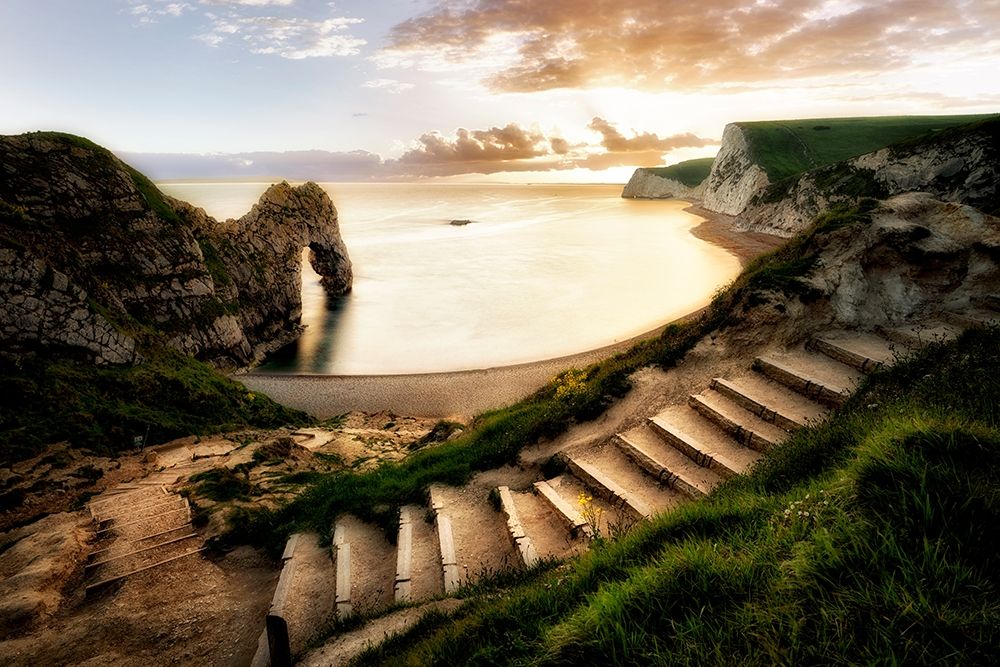 Sunset at Durdle Door with pathway. Dorset, Jurassic Coast, England art print by Dennis Frates for $57.95 CAD