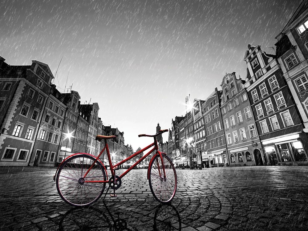 Red Bike on Cobble Stone Street art print by M. Bednarek for $57.95 CAD