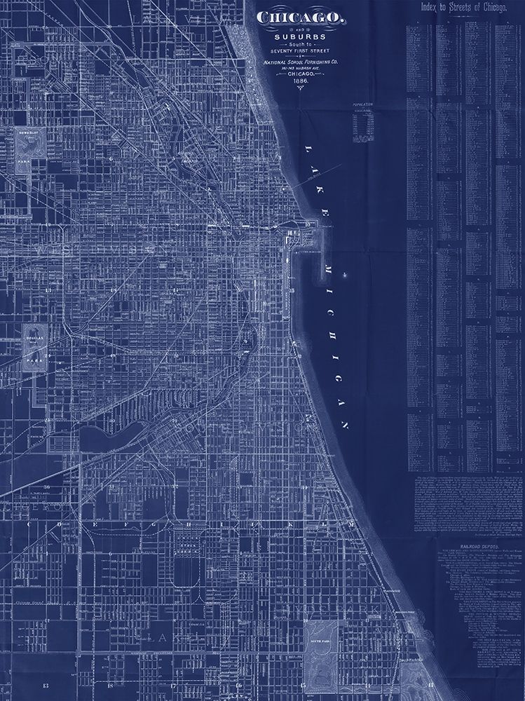 Antique Map of Chicago (blue) art print by Blanchard for $57.95 CAD