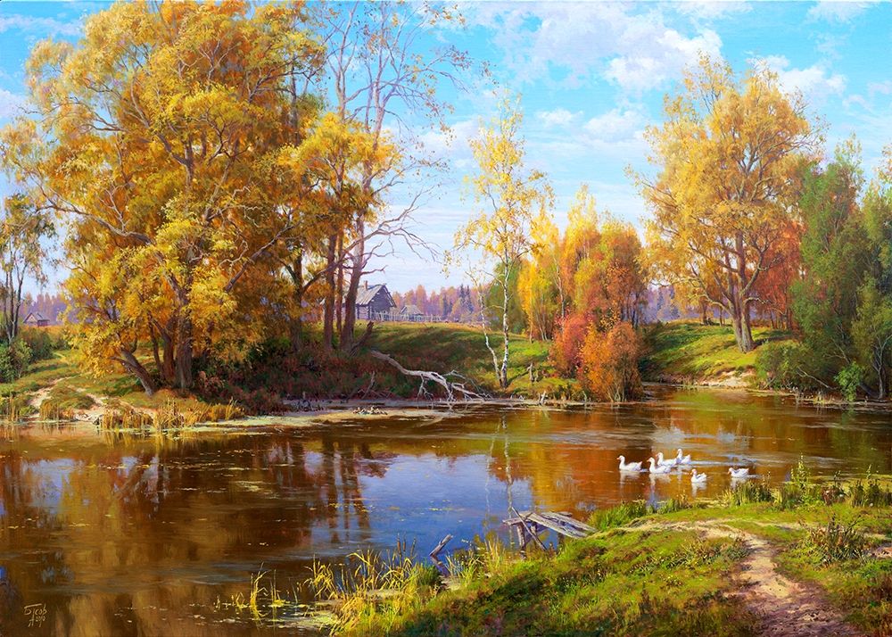 Village pond - autumn art print by Sergej Basov for $57.95 CAD