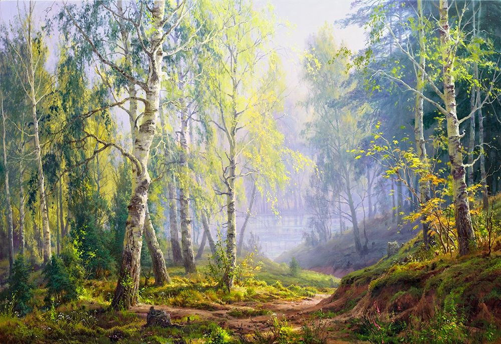 Morning at the birch forest art print by Sergej Basov for $57.95 CAD
