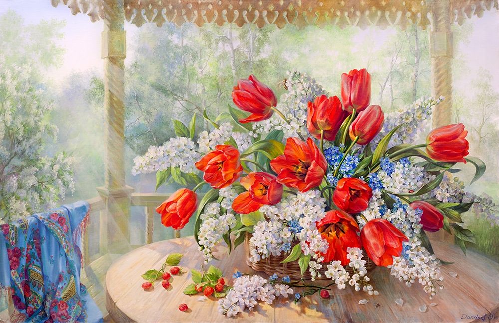 Tulips and bird-cherry art print by Olga Dandorf for $57.95 CAD