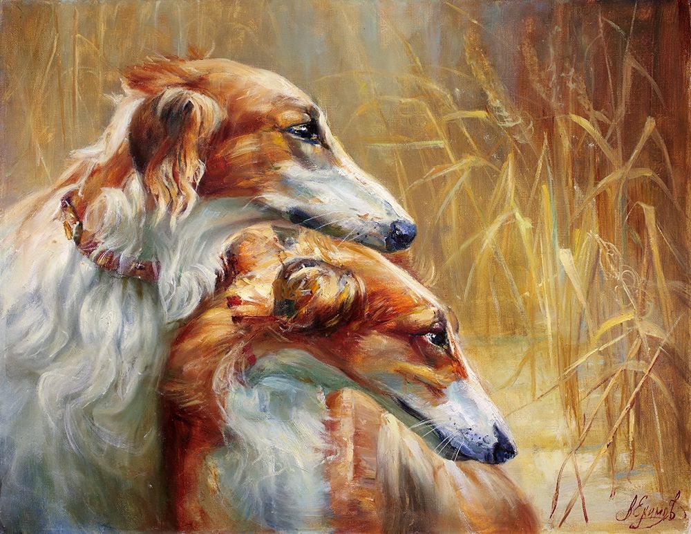 Russian greyhounds on the hunt art print by Vladimir Ekimov for $57.95 CAD