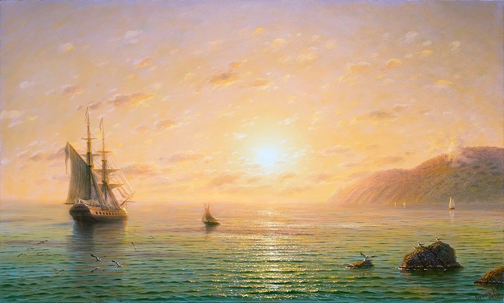 Sailboat in the sea. Morning art print by Alexander Goryachev for $57.95 CAD