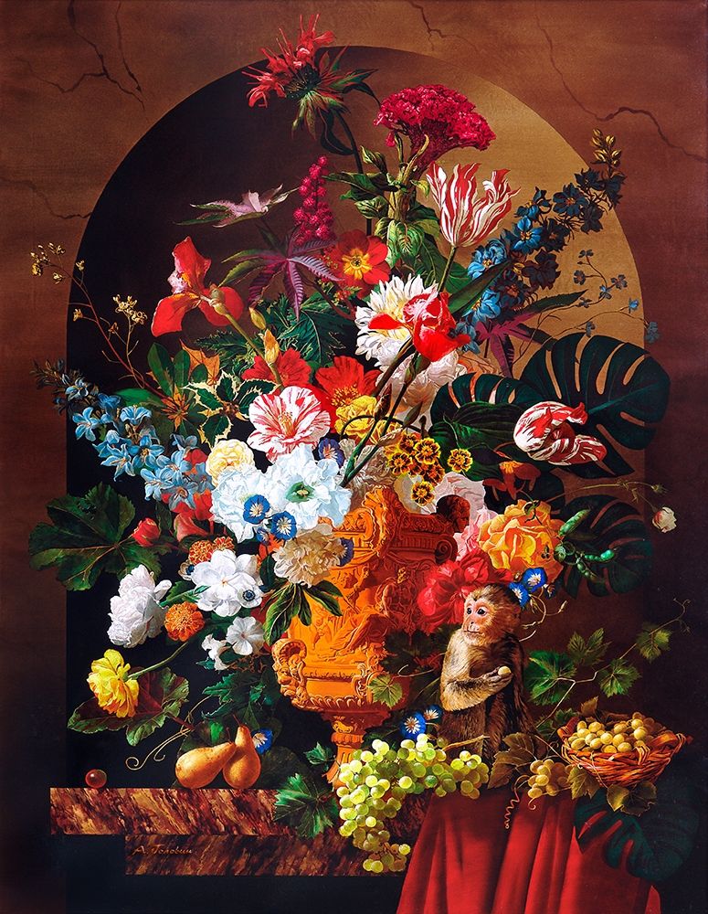 Still life with a monkey, flowers and fruits art print by Konstantin Golovin for $57.95 CAD