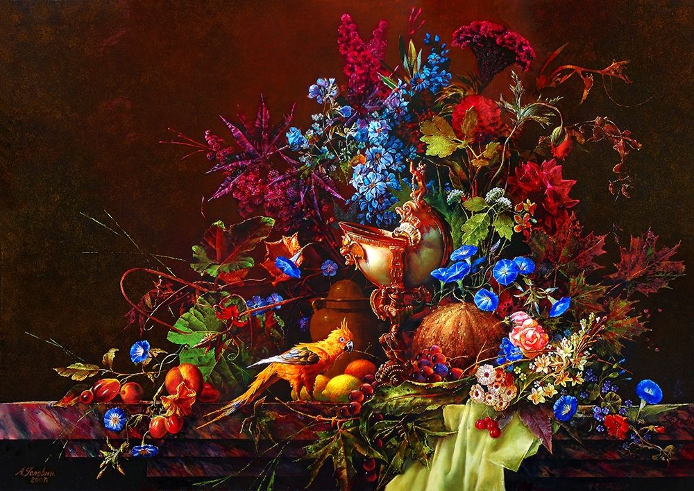 Still-life with a parrot art print by Konstantin Golovin for $57.95 CAD