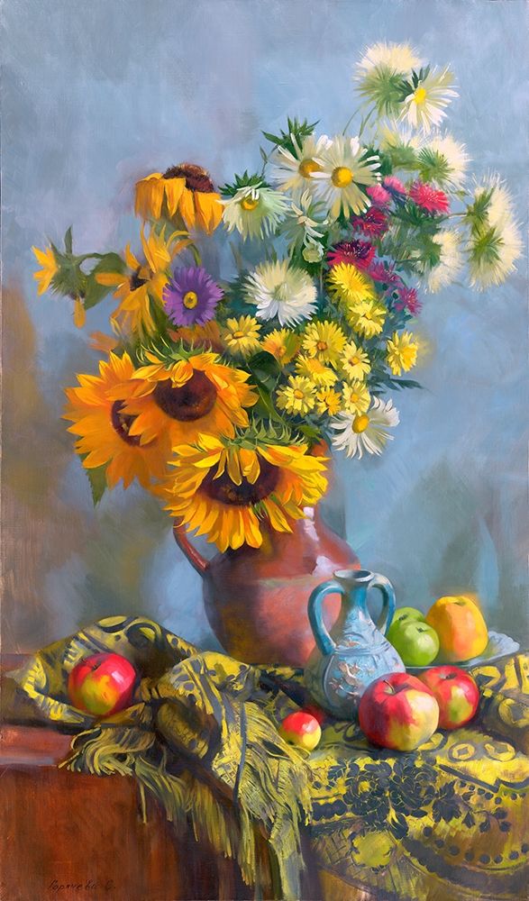 Sunflowers on a blue background art print by Svetlana Goryacheva for $57.95 CAD