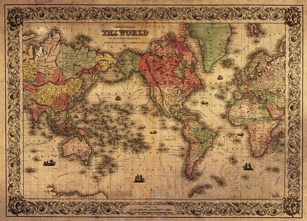 1852 Coltons Vintage Map of the World Antiqued art print by Colton for $57.95 CAD